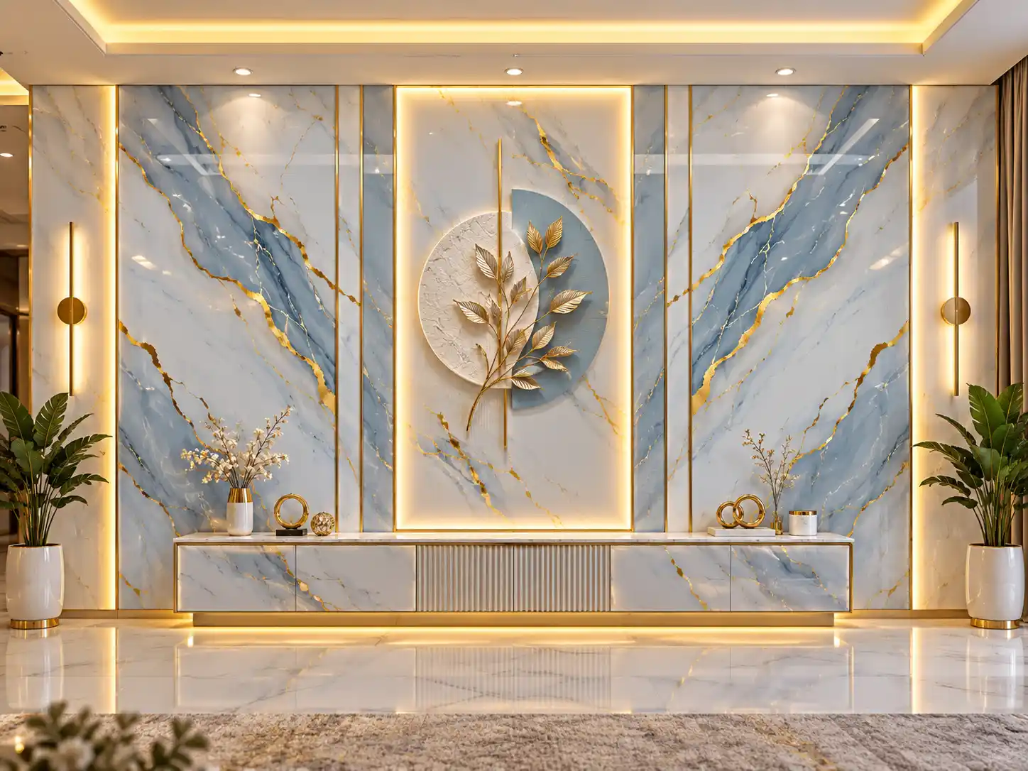 Marble-effect feature wall with blue and gold veining and a decorative centre