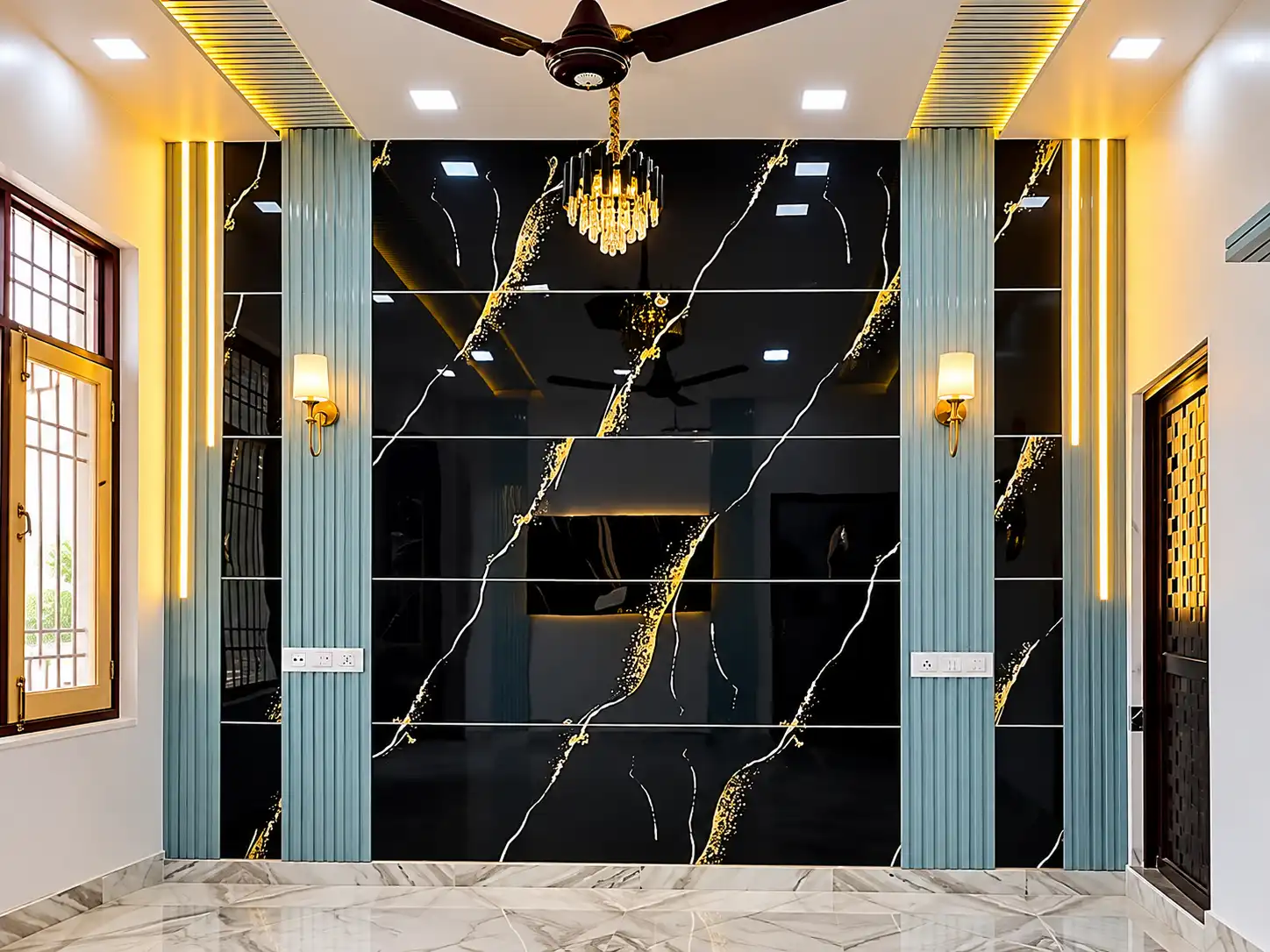 Black glossy marble-effect wall panels with blue fluted side columns